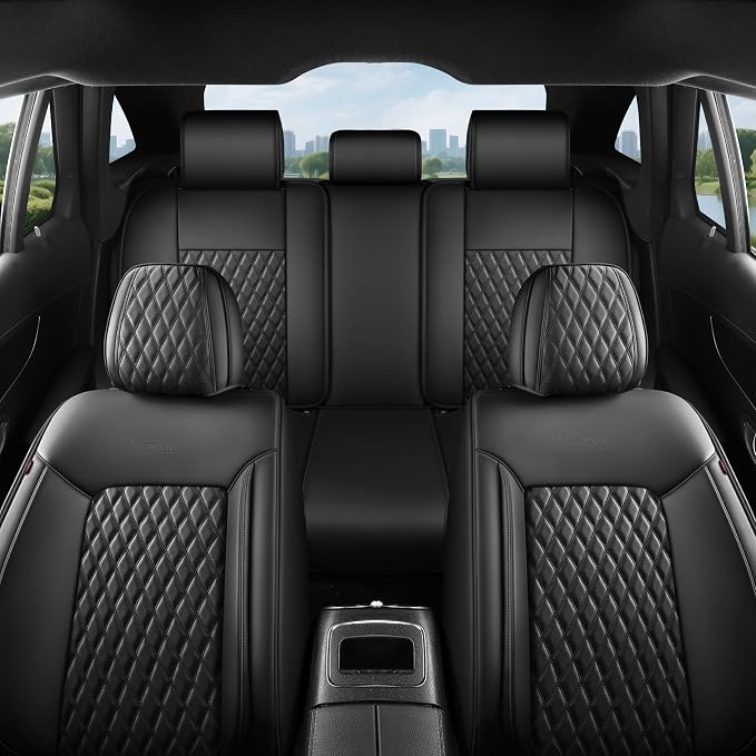 Black High-Density Nappa Leather Automotive Car Seat Covers Full Set | Univerasal Precision Fit,3D Contoured,Full Coverage,Waterproof,ThickTexture Nappa Leather,for most Suvs Trucks Sedans