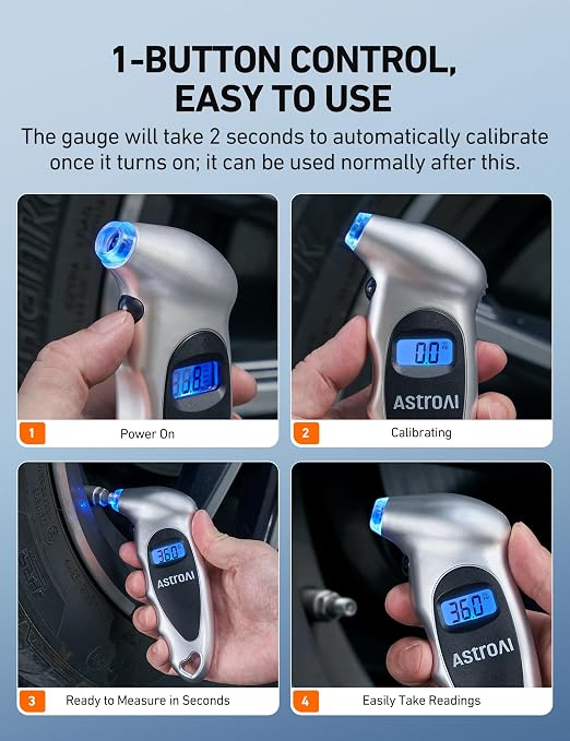 AstroAI Digital Tire Pressure Gauge 0-150PSI Calibrated to ANSI B40.7 +/-1PSI, Accurate in 0.1 Increments, 4 Pressure Measurements for Car Truck Bicycle with Backlight LCD, Silver