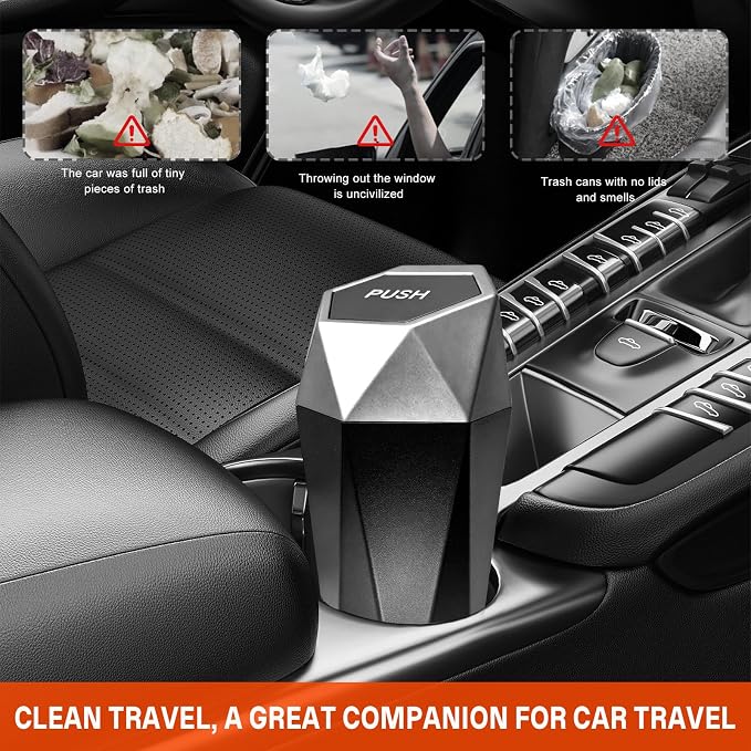 Car Trash Can with Lid, Waterproof Diamond Design Auto Cup Holder Trash Bin, Leakproof Mini Garbage Organizer for Vehicle Home Office Kitchen Bedroom, Car Accessories (Silver)