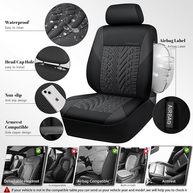 CAR PASS Neoprene Waterproof Seat Covers Two Front, Wetsuit Car Seat Covers 2pcs Universal Fit for Vans, Truck, SUV, 3D Tyre Embossed Seat Covers Anti Slip with Armrests, Aibag Compatible(Black Gray)