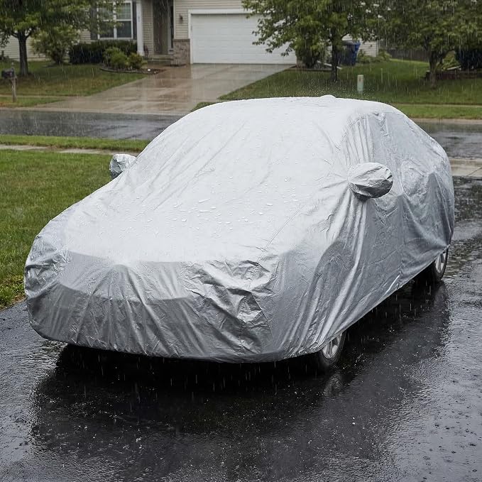 Operitacx Universal Car Cover for Sedan and SUV - All Weather Waterproof, Windproof & UV Protection - Premium Silver Coated Breathable Outdoor Full Exterior Cover