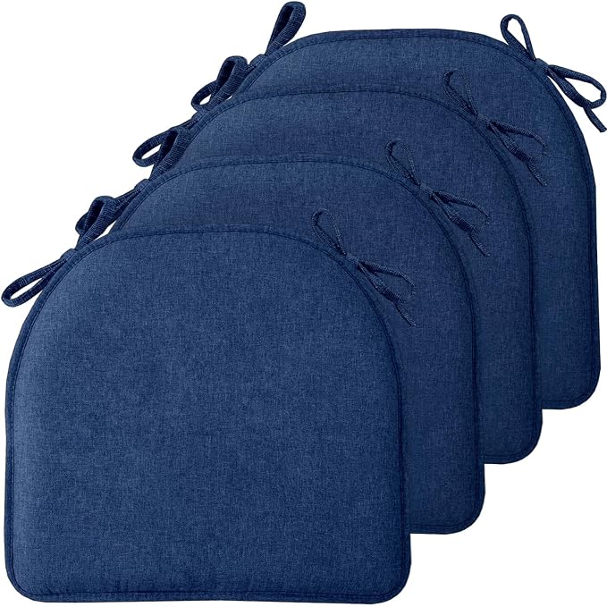 TushGuard Chair Cushions, 4 Pack Memory Foam Chair Pads, Thin Seat Cushion, Kitchen Chair Cushions Set of 4, Anti-Slip Backing & Fixed Straps, 1.4 in Thick, Navy Blue