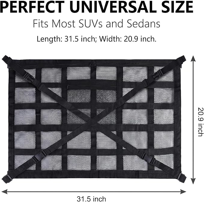1 PC Car Ceiling Cargo Net Pocket, 31.5" x 21.6" Double-layer Roof Storage Organizer, Heavy Duty Overhead Mesh Net with Buckle Fasteners, Universal for Most Cars, Trucks, SUVs (Black)
