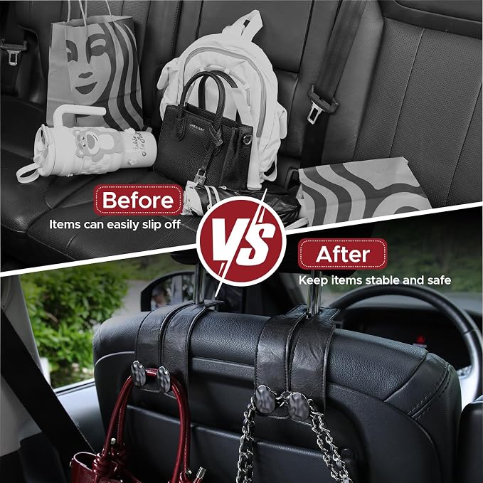 Leather Car Purse Hook for Headrest, 4 Pack (Black-Black) | Twin Hooks Headrest Hangers, 2/4 Pack, No-Slip, Scratch-Proof, Holds Purses, Backpacks, Grocery Bags, Car Organizer Gift