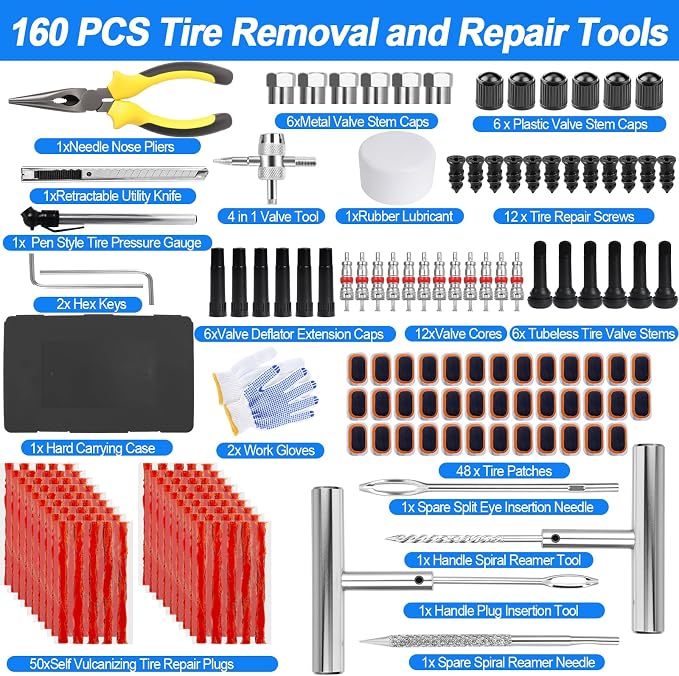 Tire Plug Kit, 160 PCS Tubeless Tire Repair Kit with Metal T-Handle Tools, Repair Strips, Screw-in Repair Plugs, Valve Stem Service Accessories, Pressure Gauge, Gloves & Hard Case