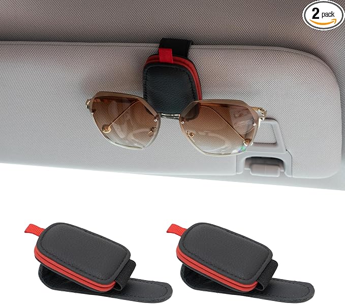Yuoyar Magnetic Leather Sunglasses Holder for Car, 2 Packs (Black-red) | Magnetic Car Visor Accessories