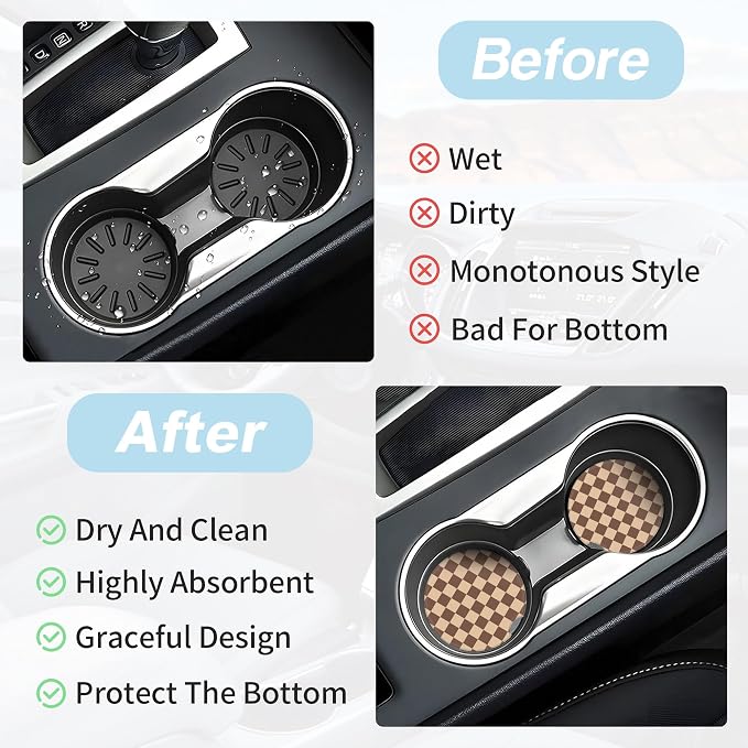 Brown Checkered Car Coasters for Cup Holders,2 Pack Car Cup Holder Coasters for Car,Ceramic Absorbent Car Coaster with A Finger Notch and Cork Base,Car Interior Accessories for Women Men