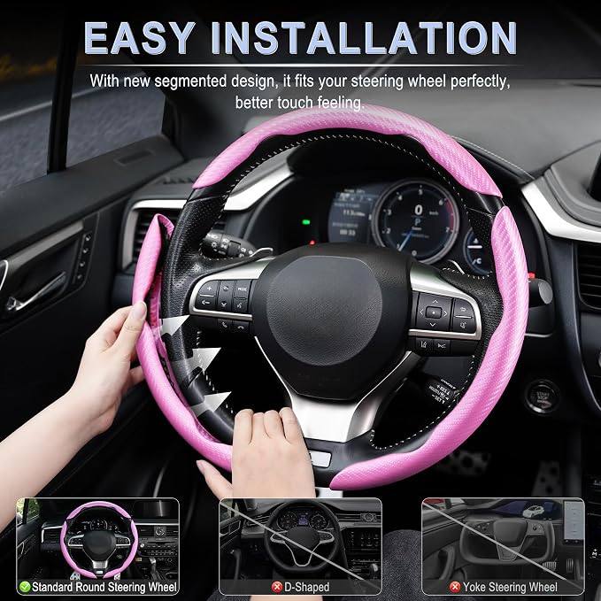 Amiss 3pcs Carbon Fiber Anti-Skid Steering Wheel Cover, Waterproof & Segmented Butterfly Design, Universal 99% Vehicle Wheel Cover Protector, Car Interior Accessories (Pink-3pcs)