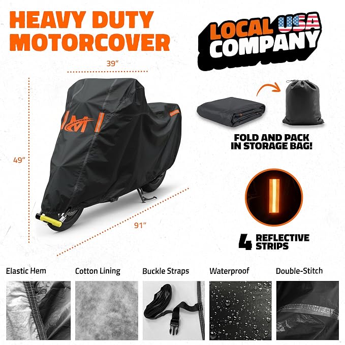 Mockins 91"x49"x39" Large Motorcycle Cover Heavy Duty Dual-Layer Fit | Motorcycle Cover Waterproof Outdoor 250G PVC + Soft HD Cotton For Midsize Cruisers, Sport-Touring & Retro Models Up to 91"