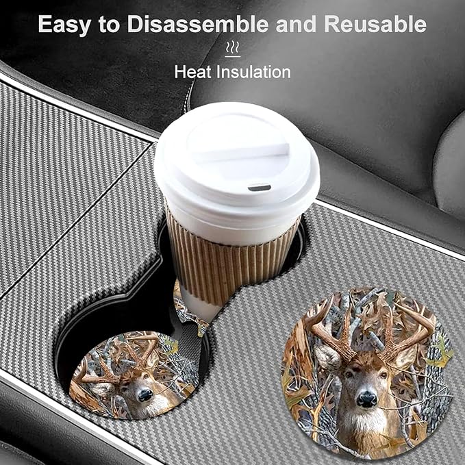 2 Pack Camo Deer Car Cup Holder Coasters Universal Neoprene Coasters | 2.75" Universal Size Anti Slip Rubber Mat, Auto Cup Holder Accessories for SUV Truck, Camo Deer Gifts for Women Men Mom