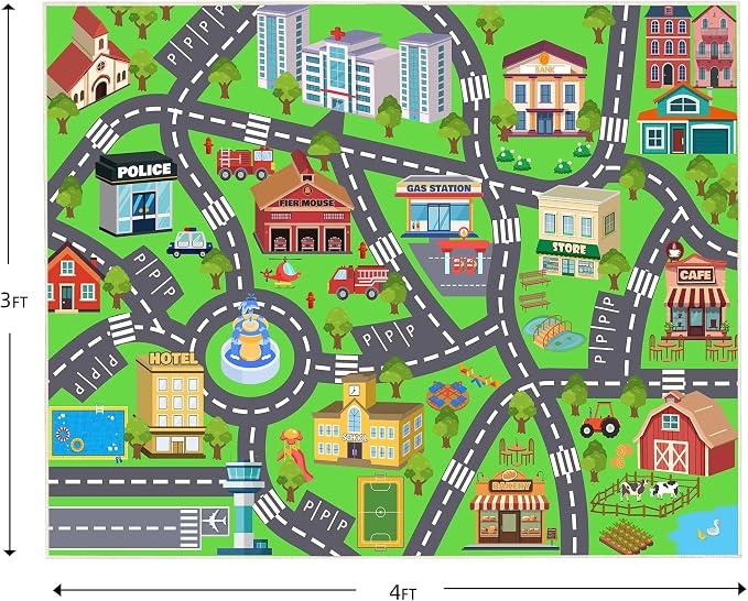 Kids Rug for Playroom, 3x4ft Car Rugs Town City Road Map Rug Play Mat | Soft, Non-Slip Childrens Road Carpet, Washable Kids Play Rug for Classroom Nursery Bedroom Daycare Boy, Stain Flame Resistant