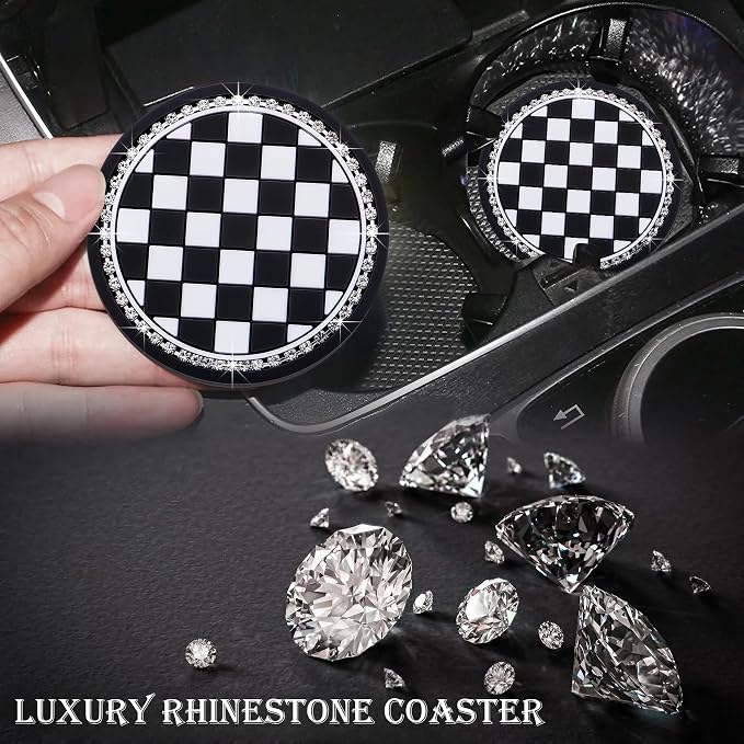 4PCS Car Cup Holder Coasters – Sparkly Bling Design, 2.75 Inch Silicone Insert, Anti-Slip & Shockproof, Fits Most Vehicles (Checkerboard)