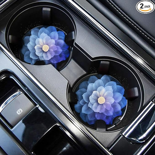 WOCOCN Cute Cup Holder Coasters for Your Car with Fingertip Grip, Auto Accessories for Women & Men,Pack of 2 (Blue Lotus Flower A)