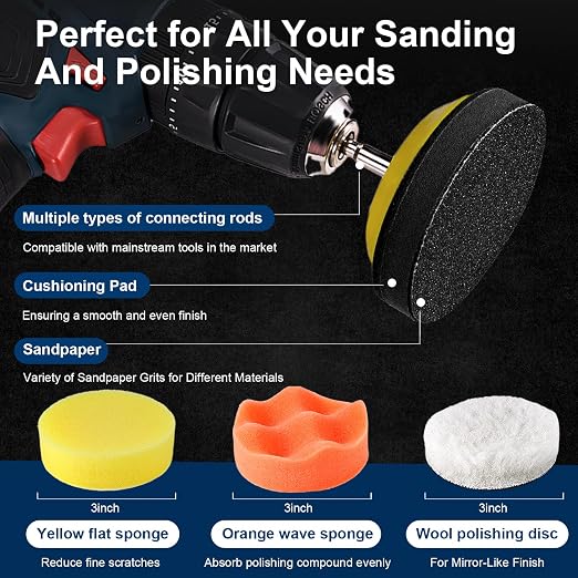 199 PCS 3 Inch Wet Dry Sanding Discs 60-10000 Grit Hook and Loop Sandpaper | Headlight Restoration Kit Drill Sanding Attachment Polishing Kit with Rotary Tools for Auto Metal Glass Resin Wood Jewelry