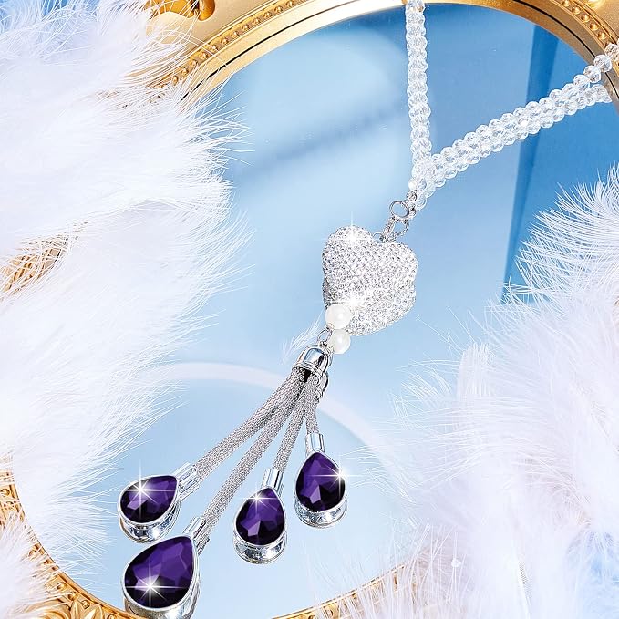 Frienda Bling Car Rear View Mirror Accessories for Women Gift Cute Heart Crystal Hanging Charm Diamond Decoration Lucky Interior Ornament Pendant(9.8 Inch,Purple)