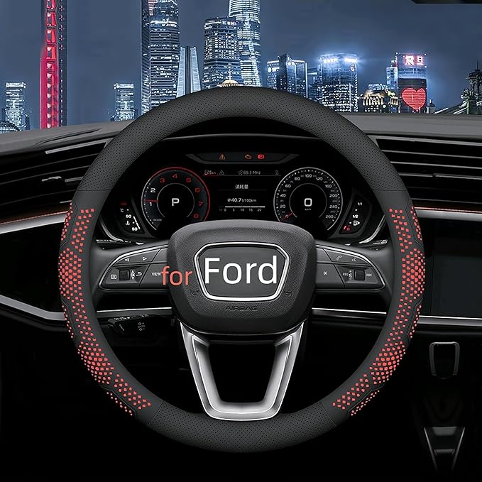 Yangday Leather Steering Wheel Cover for Ford F150 F250 F350, 15.5-16 inches Car Steering Wheel Cover with Non-Slip Breathable (Red)