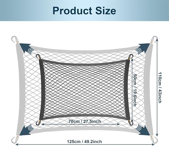 SUV Trunk Cargo Net 27.5x19.6 Inch Elastic Mesh with ABS Hooks Gray | Durable elastic mesh with ABS hooks, stretches to 49x43" fits most vehicles, tool-free install, keeps cargo stable