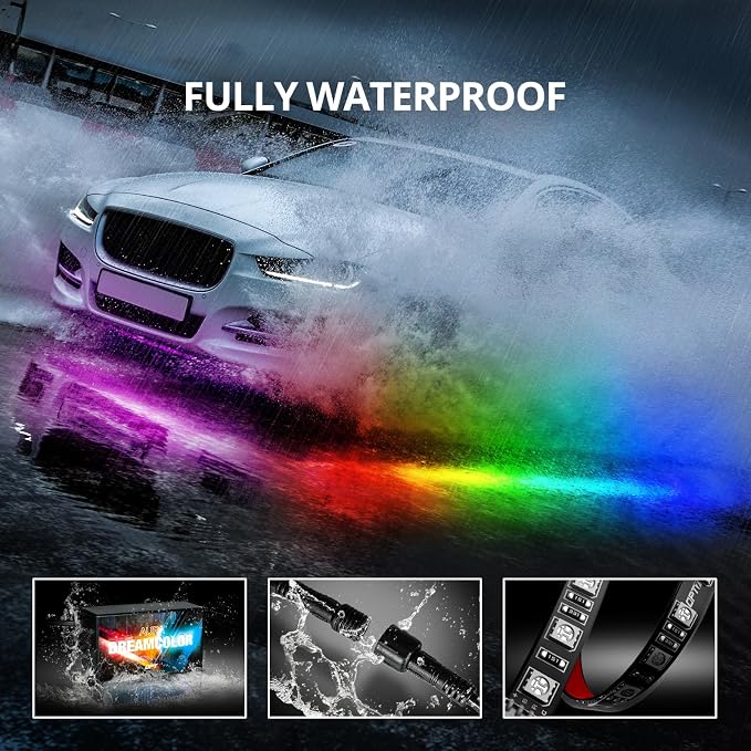 OPT7 Aura DreamColor Underglow Chasing Light Kit with APP & Remote Control | Rainbow Light Effects, RGB-IC LED Strips, 12V Neon Accent Lighting, Waterproof Exterior Underbody Accessories, Universal Fit
