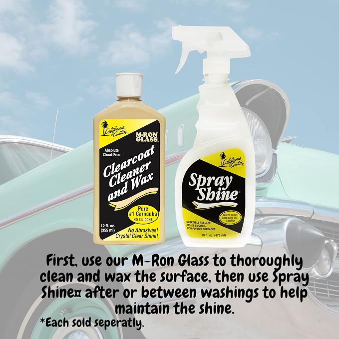 CALIFORNIA CUSTOM - M-Ron Glass Clearcoat Cleaner & Wax with Finest Pure #1 Carnauba Wax, Seals and Protects With A Crystal Clear Shine, No Silicone, Can Be Applied In Direct Sun Light! 12 oz