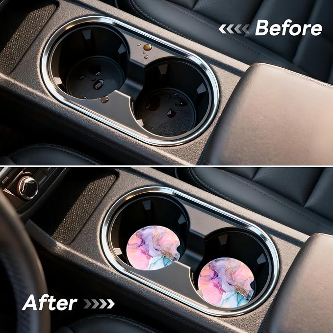 Car Cup Holder Ceramic Coasters 2 Pack, 2.56 in Anti Slip Absorbent Coaster with Cork Base and Finger Notch, Funny Cute Car Accessories Interior for Women, Fantasy Stone