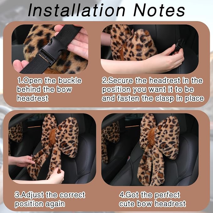 Macarrie 2 Pcs Leopard Car Neck Pillow Plush Butterfly Bow Car Headrest Pillow Comfortable Seat Neck Support Cute Head Rest Accessories for Driving Travel Driver Chair Girl Interior Decor(Brown)