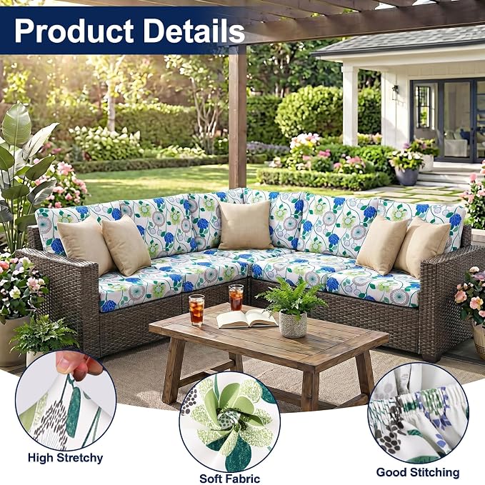 Smiry 8 Pcs Waterproof Patio Cushion Covers, Stretch Outdoor Furniture Covers