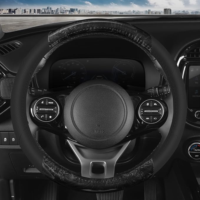 BDK BurlwoodLux Wood Grain and PU Leather Black Steering Wheel Cover - Sport Grip for Car Auto SUV Trucks