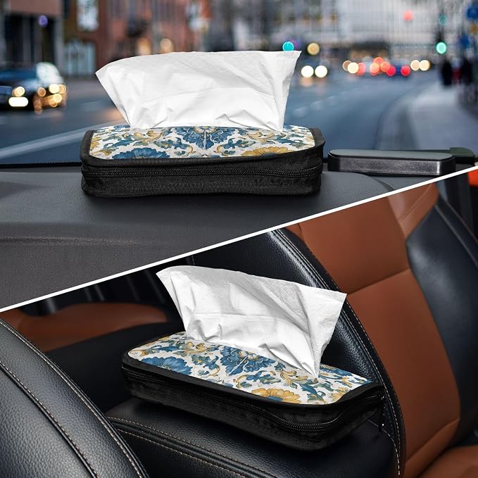 Car Visor Tissue Holder Mask Holder for Car, Car Tissue Box Sun Visor Napkin Holder Car Visor Accessories Adjustable Straps Reusable Durable Easy to Install Floral Blue and Yellow Tile