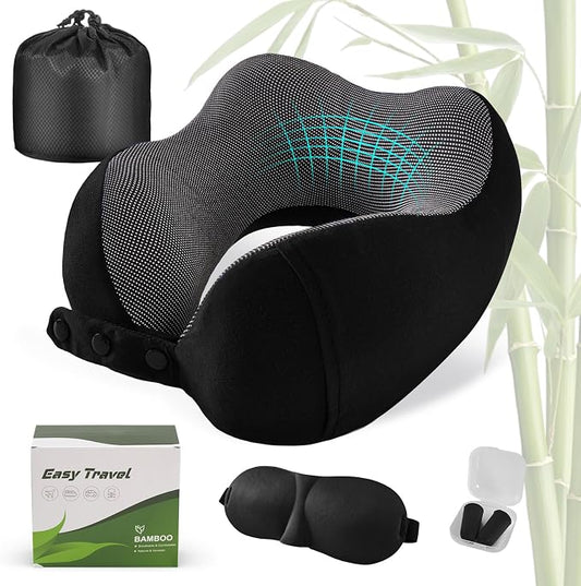 Cirorld Neck Pillow for Traveling, Travel Pillows for Airplanes,100% Pure Memory Foam Travel Neck Pillow, Adjustable Flight Pillow, Portable Plane Accessories with Eye Mask, Earplugs, Carry Bag