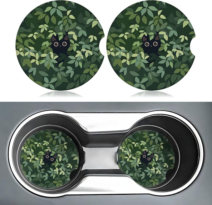 Cat in The Meadow Car Coasters for Cup Holders,2 Pack Car Cup Holder Coasters for Car,Ceramic Absorbent Car Coaster with A Finger Notch and Cork Base,Car Interior Accessories for Women Men