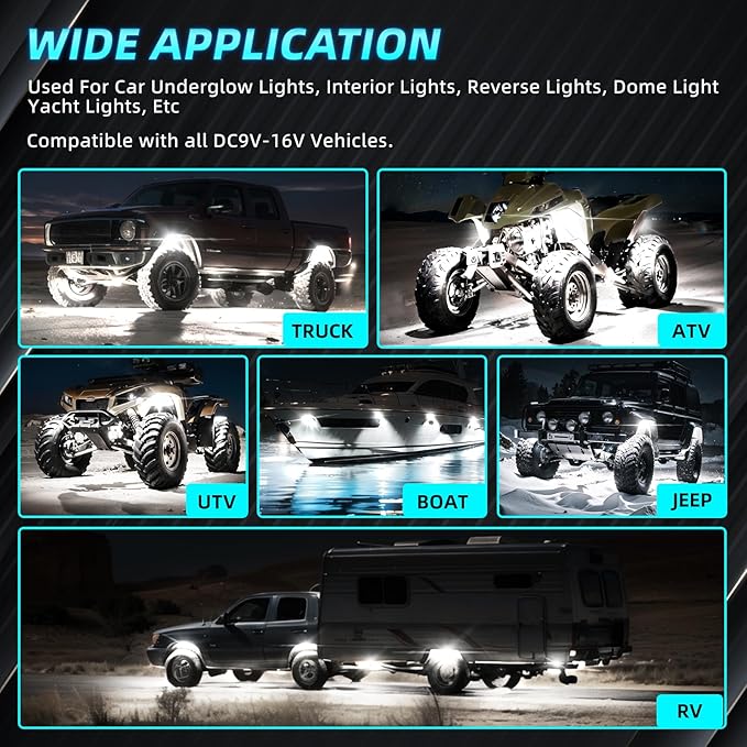 16Pods Metal Pure White LED Rock Lights Kit 6500K for Truck Pickup Offroad | Aluminum Housing, Plug-and-Play & Pre Wired, Switch Wiring Harness Extension Fuse, 384Chips Waterproof 12V, Pure Copper Wire