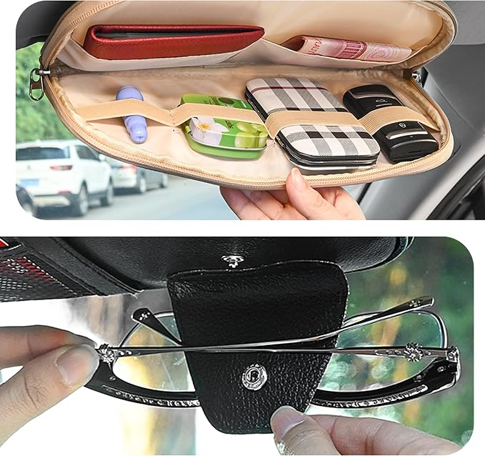 Car Sun Visor Organizer, Sunglass Holder and Storage Pocket, Card Cash Pouch with Multi-Pocket Net Zipper, Case Bag for License Pen Key, Auto Accessories for Truck, SUV, Van (Purple)