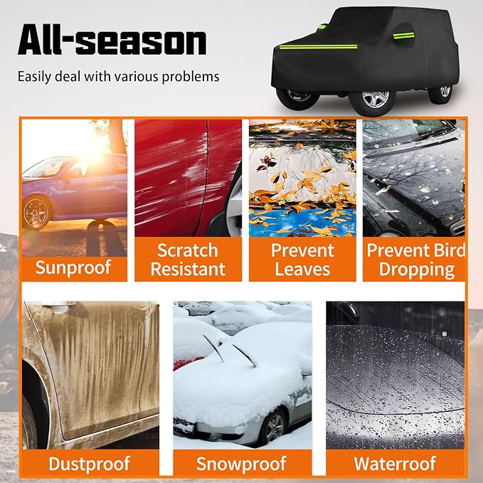 Waterproof Car Cover for J-eep Wrangler 4 Door 1987-2026, Outdoor Waterproof Sun Rain Snow Hail Protection with Driver Door Zipper for J-eep Covers Fits JK JL TJ YJ CJ