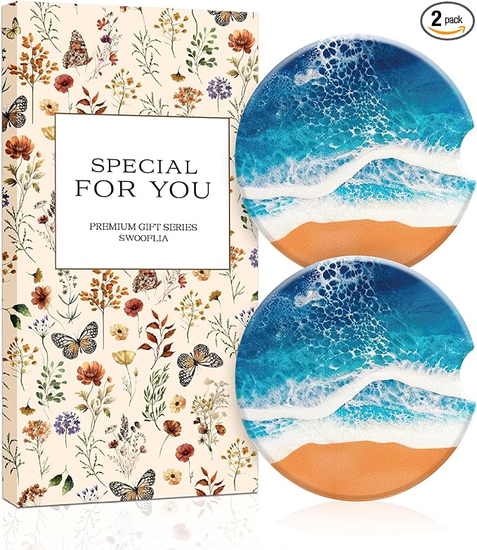 Swooflia Car Coasters for Women - Beach Ceramic Car Cupholder Coaster Cool Absorbent Mat Coaster with Cork Base 2 Pack Automotive Cup Holder Accessories New Driver Gifts for Decor