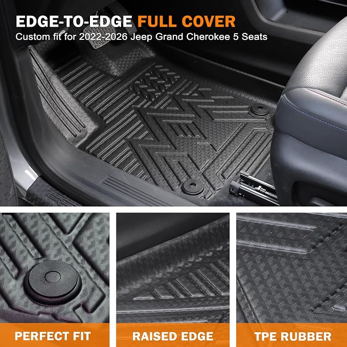 KUST Floor Mats Set for 2022-2026 Jeep Grand Cherokee, Include 4XE | Not for L, Rear Trunk Mat, Backrest Mats, All Weather Protection, TPE Rubber, Raised Edge