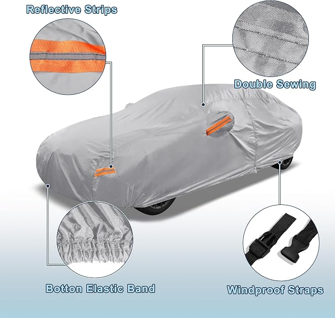 Silver Tone Heavy Duty Waterproof Car Cover for Sedan 169"-175" - All-Weather UV Protected Outdoor Full Exterior Cover with Sun/Snow/Rain Resistance