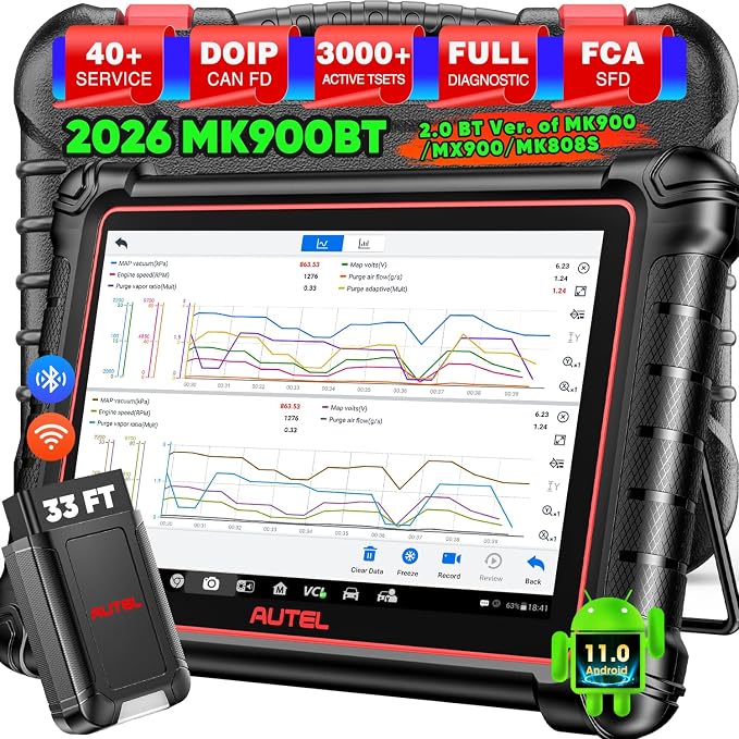 Autel Scanner MaxiCOM MK900BT 2026, MK900-BT V2.0 Bidirectional Diagnostic Scan Tool, 33ft BT Ver of MK900 MX900 8in Up of MK808S MK808BT PRO MX808S MK808Z, 40+ Reset, 3K+ Active Test, CANFD DoIP, FCA