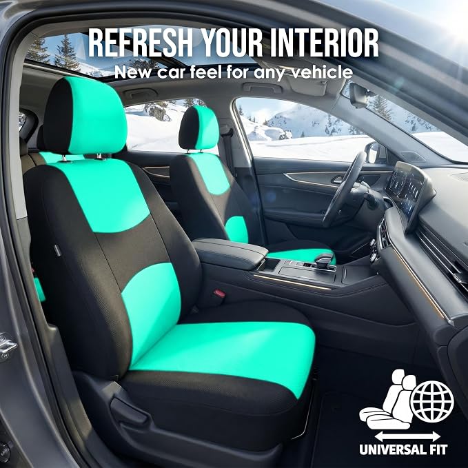 FH Group Car Seat Covers Full Set Cloth - Universal Fit Automotive Seat Covers, Low Back Front Seat Covers, Solid Back Seat Cover, Washable Car Seat Cover for SUV, Sedan and Van Mint