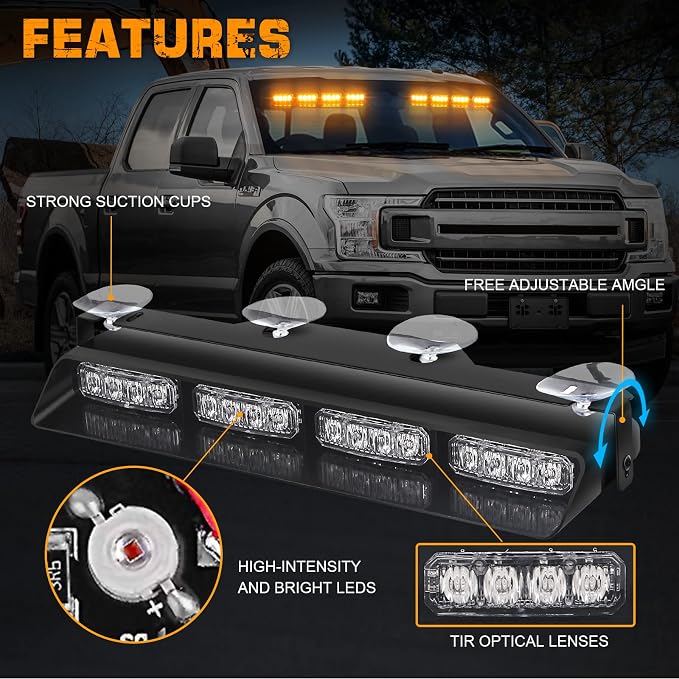 XRIDONSEN 2x 14 inch Amber Strobe Lights 32 LED Emergency Dash Lights | Interior Safety Warning Hazard Caution Front/Rear Windshield Light Bar w/ Controller for Construction Vehicles Trucks Car