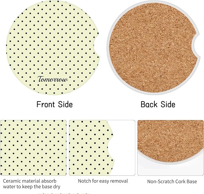 Cute Fashion Polka Dot Car Coasters 2 Pack for Cup Holders, 2.56 Inch Finger Notch Retro 70's Style Ceramics Heat Resistant Anti Slip Cork Base Car Drinks Coasters Auto Accessories-Yellow