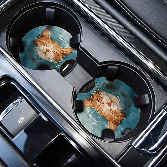 WOCOCN Car Coasters,Cup Holder Coasters for Car,2.75inch Anti Slip and Absorbent,Cute Automotive Interior Accessories for Cup Holder,Pack of 2 (Smiling Cat)