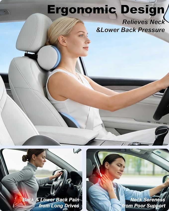 Car Lumbar Support & Neck Support Headrest Pillow Kit | Ergonomic Memory Foam Cushion, Sciatica & Tailbone Pain Relief, Fits Car Seat, Office Chair & Wheelchair