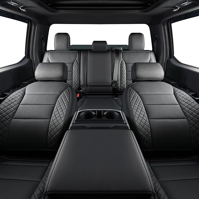 F150 Seat Covers, Custom Fit for Ford 2021-2026 F 150 XL XLT STX Super Crew Cab, 2023-2026 F250 F350 F450 XL XLT Crew Cab, Truck Seat Cover Full Set, Pickup Accessories, Leather, Black