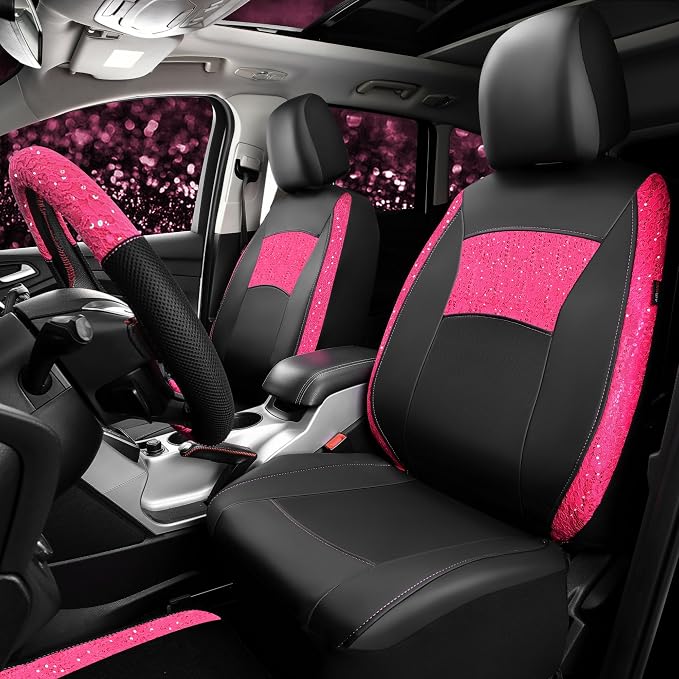 CAR PASS Universal Leather Pink Lace Car Seat Covers Full Set for Women Girls, Waterproof Car Floor Mats Carpet, Steering Wheel Cover for Cars Accessories Interior Sets 10PCS Included