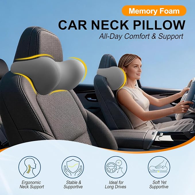 Allaboutsla 2-Pack Car Neck Pillow, Car Headrest Pillow for Neck Support | Memory Foam Car Neck Pillow for Driving with Neck Support, Adjustable Strap, Head Rest Pillow for Long Drives, Trucks, Gray