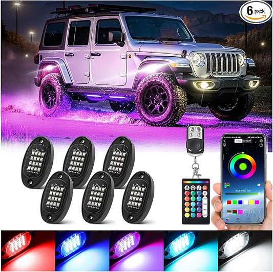 6 Pods RGB LED Rock Lights with Dual Zone Brake, Waterproof Multicolor Underglow Lights Kit for ATV UTV Golf Cart Trucks RZR SXS, Neon Underbody Light with App Remote Control Flashing Music Sync 12V