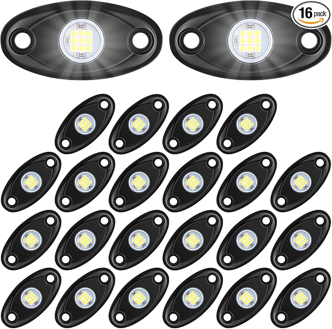 Treela 16 Pods LED Rock Lights White for Truck ATV UTV SUV Motorcycle Car Boat Pure Ambient Underglow Lights Waterproof Underbody Glow Neon Trail Rig Lamp