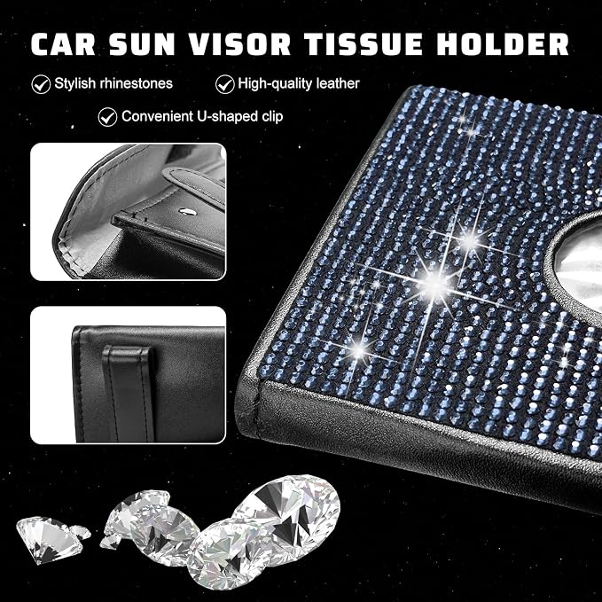 Bling Car Sun Visor Tissue Box Holder, Sparkling Auto Sun Visor Napkin Box Mask Holder, PU Leather Glitter Rhinestone Backseat Paper Towel Case for Cars Trucks SUVs (Blue)