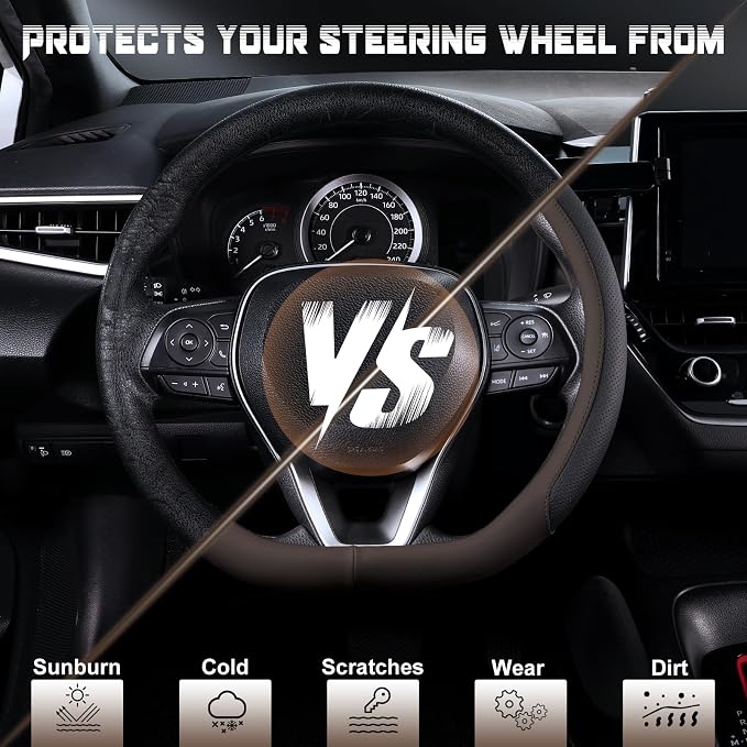 SEG Direct D Shaped Steering Wheel Cover for 14.5-15 inch Flat Bottom Wheels, Breathable Perforated Microfiber Leather, Anti-Slip Grip, Universal Fit for Cars & SUVs, Black and Brown