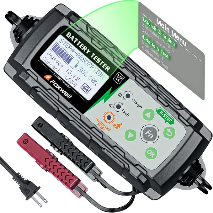 FOXWELL BC521 2-in-1 Battery Charger & Tester, 12V 5A, Test Before Charging | Test Car Battery Health, Cranking and Alternator Output, Then Use 8-Stage Charging, Pulse Repair Or Battery Maintenance